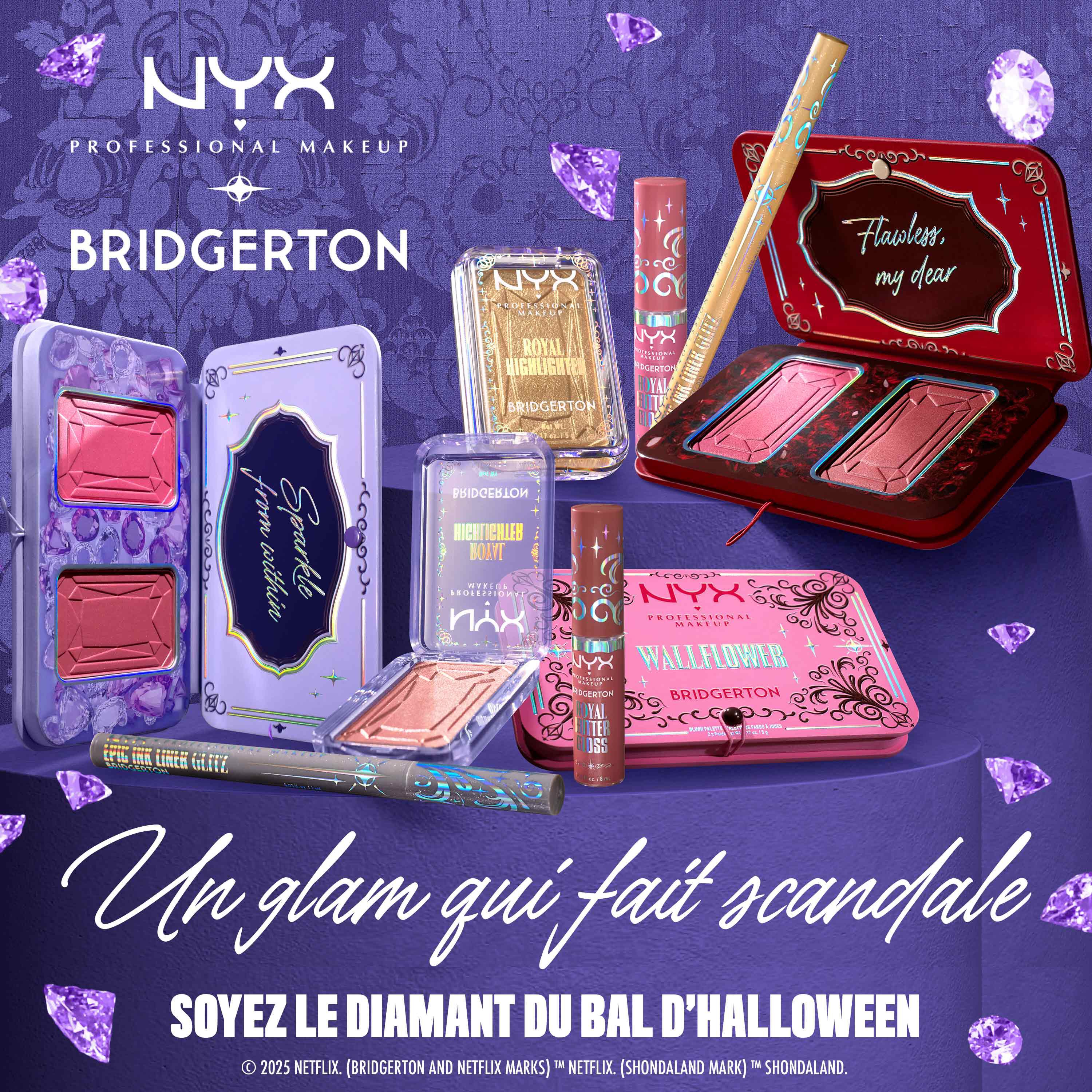 Vibrant flat lay of NYX Professional Makeup x Bridgerton collection, with cosmetic palettes, products, and purple crystals. "Mask On! Be the Baddie of the Ball This Season!" at bottom.