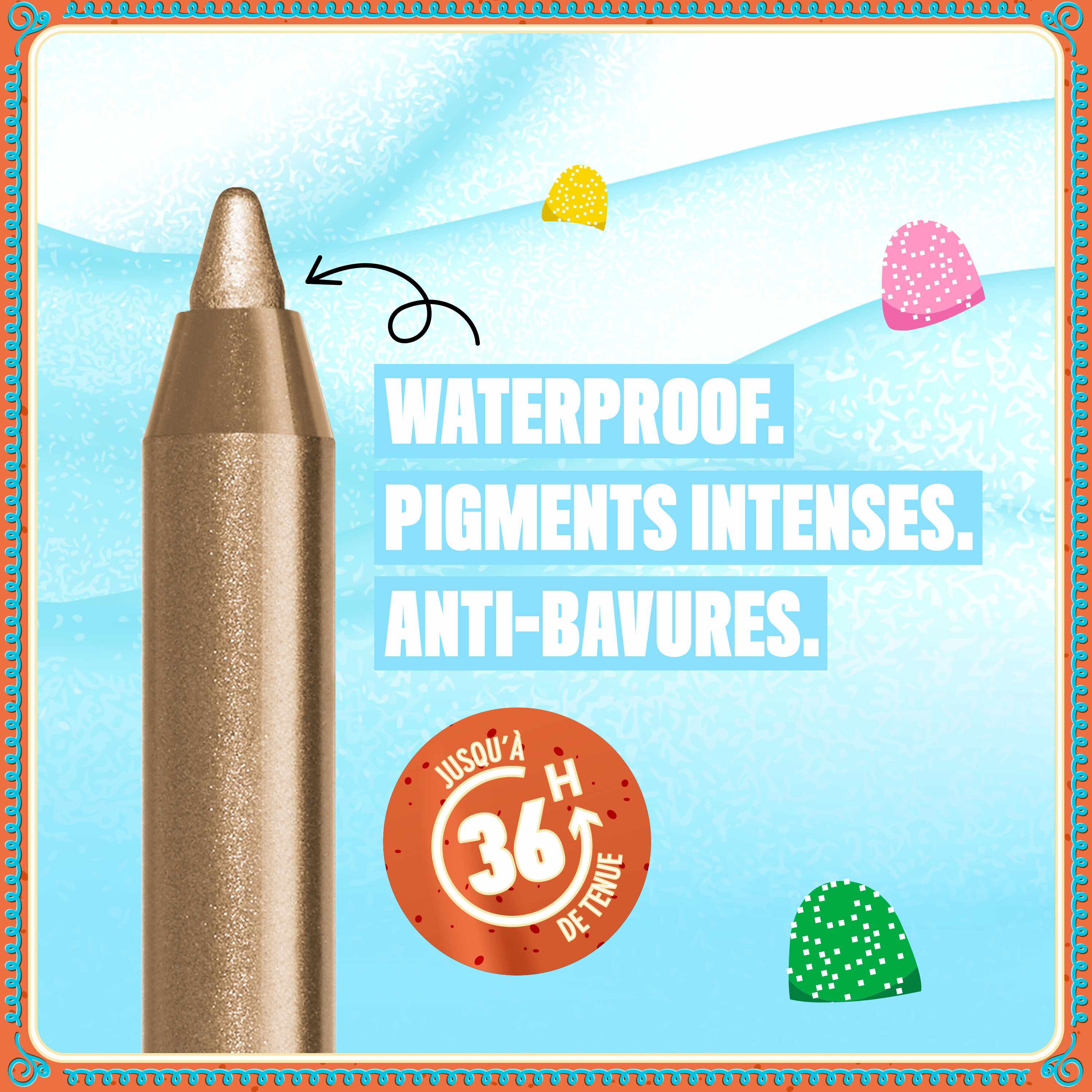 Features a close-up of a golden eyeliner pencil tip against a light blue, festive background. Text highlights its benefits: "WATERPROOF, SMUDGEPROOF, FADEPROOF," and emphasizes "36H WEAR" with a timer icon.