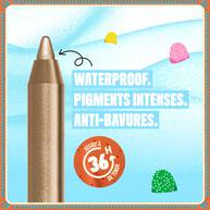 Features a close-up of a golden eyeliner pencil tip against a light blue, festive background. Text highlights its benefits: "WATERPROOF, SMUDGEPROOF, FADEPROOF," and emphasizes "36H WEAR" with a timer icon.