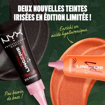 NYX Professional Makeup Party Animals Lid Lingerie Cream Eye Pigments in two limited-edition metallic shades: Gothic Garter and Pumpkin Vice.