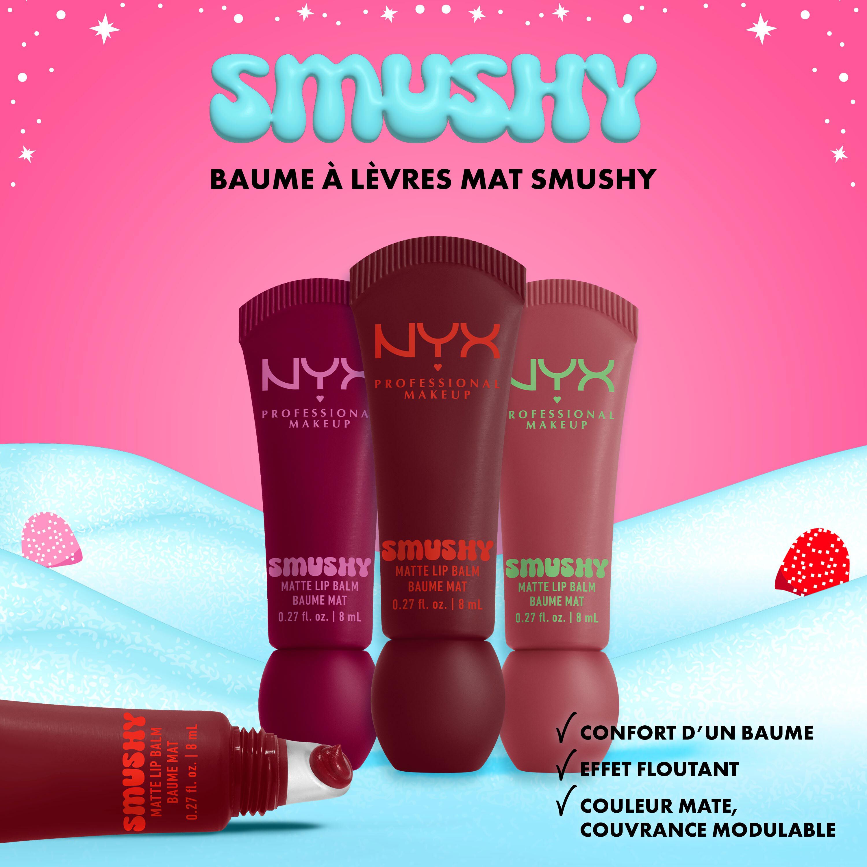 Pink background with NYX Professional Makeup Holiday Smushy Kit packshots and callouts: “Lip balm feel. Sheer. Buildable color.”