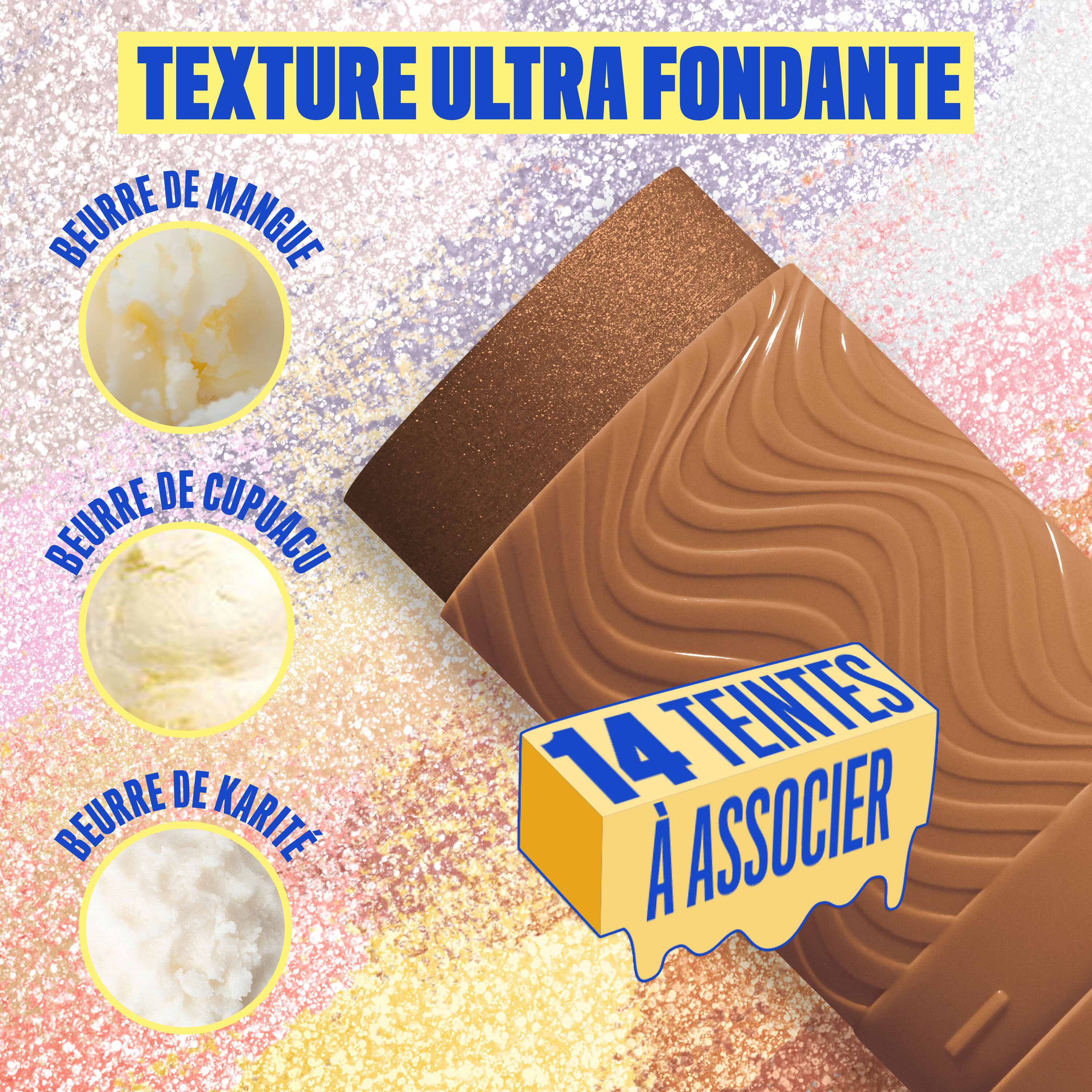 Buttermelt Stix product shown with various swatch textures as the background focusing on the coconut butter and cupuacu butter ingredients in shade 12 It's Giving Melt