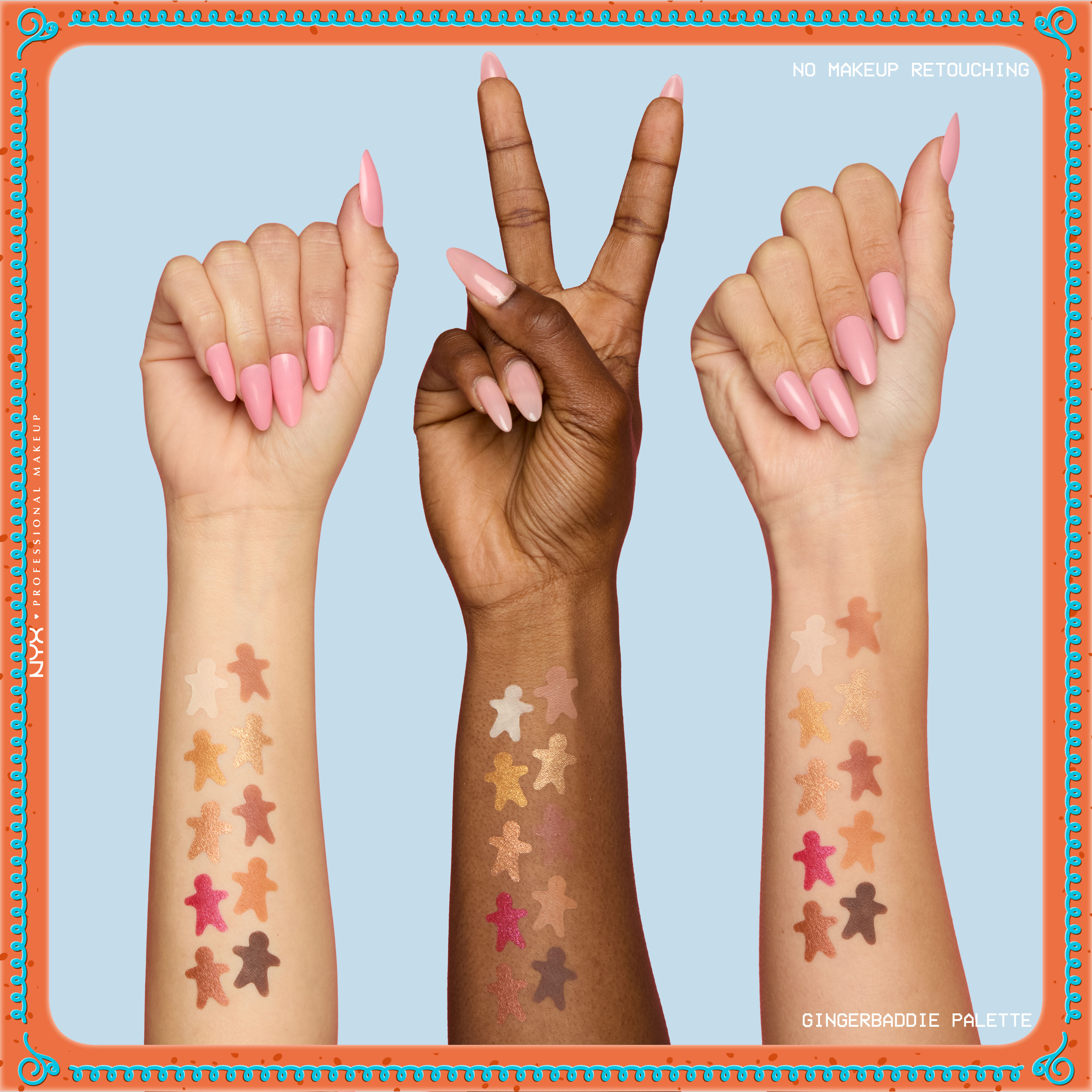 Features three arms with diverse skin tones, each displaying swatches of the eyeshadows from the NYX Professional Makeup Holiday Gingerbaddie Palette, illustrating how the colors appear on different complexions.