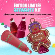 Limited-edition NYX Professional Makeup Holiday Smushy Kit image with three balm tubes, surrounded by candy icons and snow.