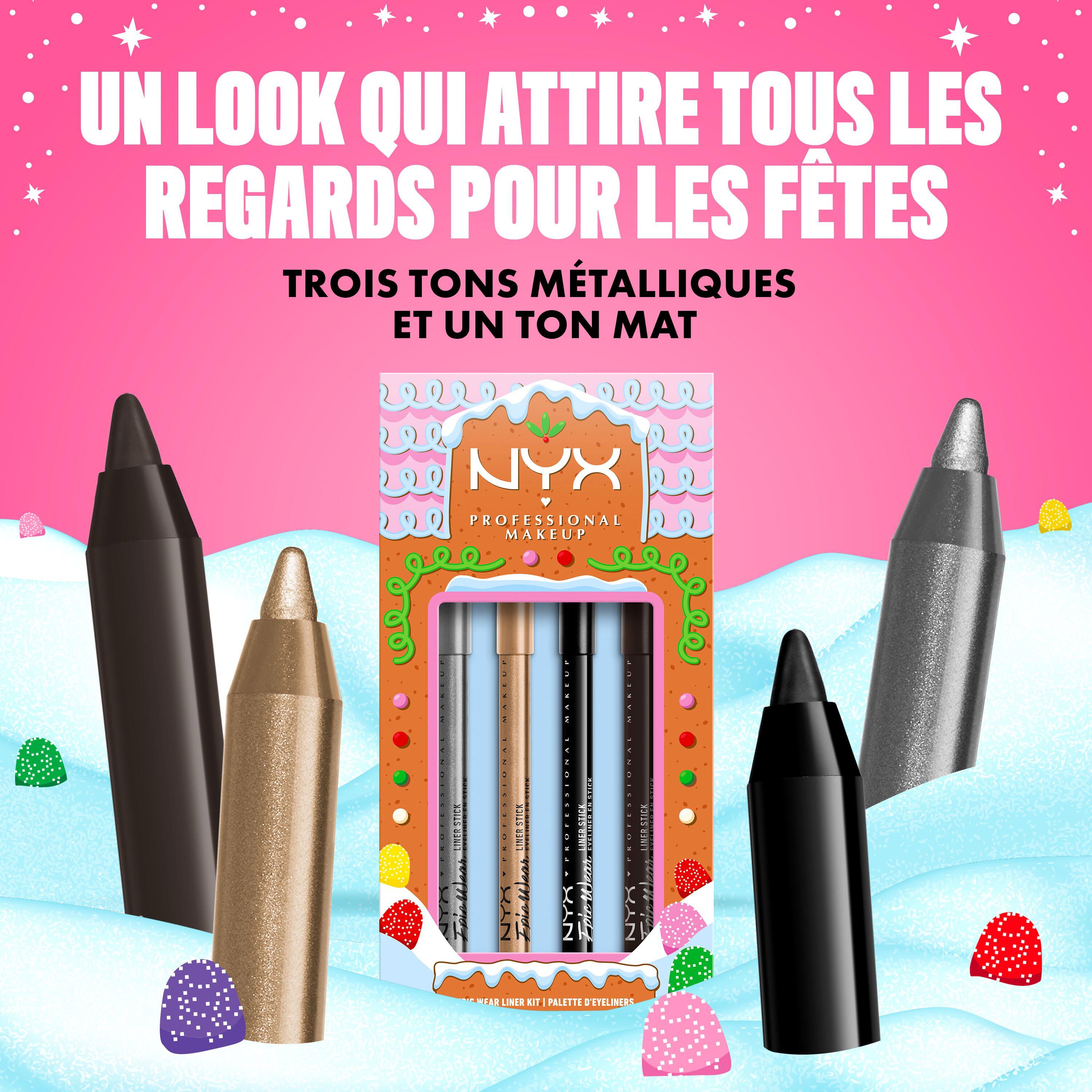 Features the NYX Professional Makeup Holiday Epic Wear Liner Stick Kit packaging. Text indicates it "FEATURING THREE METALLICS AND ONE MATTE SHADE." The four liner pencils (black, silver, gold, and brown) are displayed around the kit.
