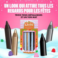 Features the NYX Professional Makeup Holiday Epic Wear Liner Stick Kit packaging. Text indicates it "FEATURING THREE METALLICS AND ONE MATTE SHADE." The four liner pencils (black, silver, gold, and brown) are displayed around the kit.