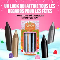 Features the NYX Professional Makeup Holiday Epic Wear Liner Stick Kit packaging. Text indicates it "FEATURING THREE METALLICS AND ONE MATTE SHADE." The four liner pencils (black, silver, gold, and brown) are displayed around the kit.