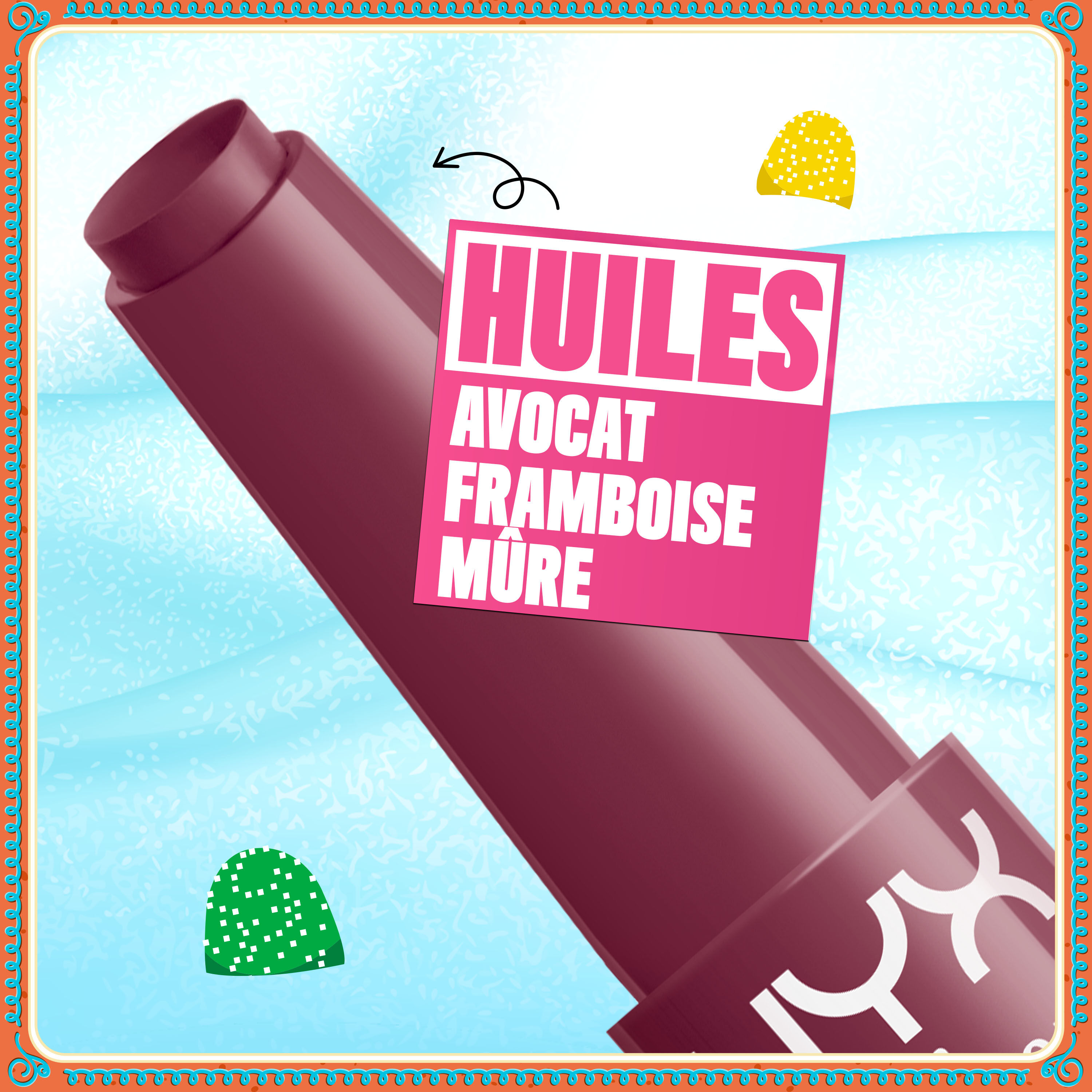 Features a stylized visual of a large, red, liquid drip, set against a light blue background. Text highlights key ingredients: "AVOCADO," "RASPBERRY," and "CLOUDBERRY OILS."