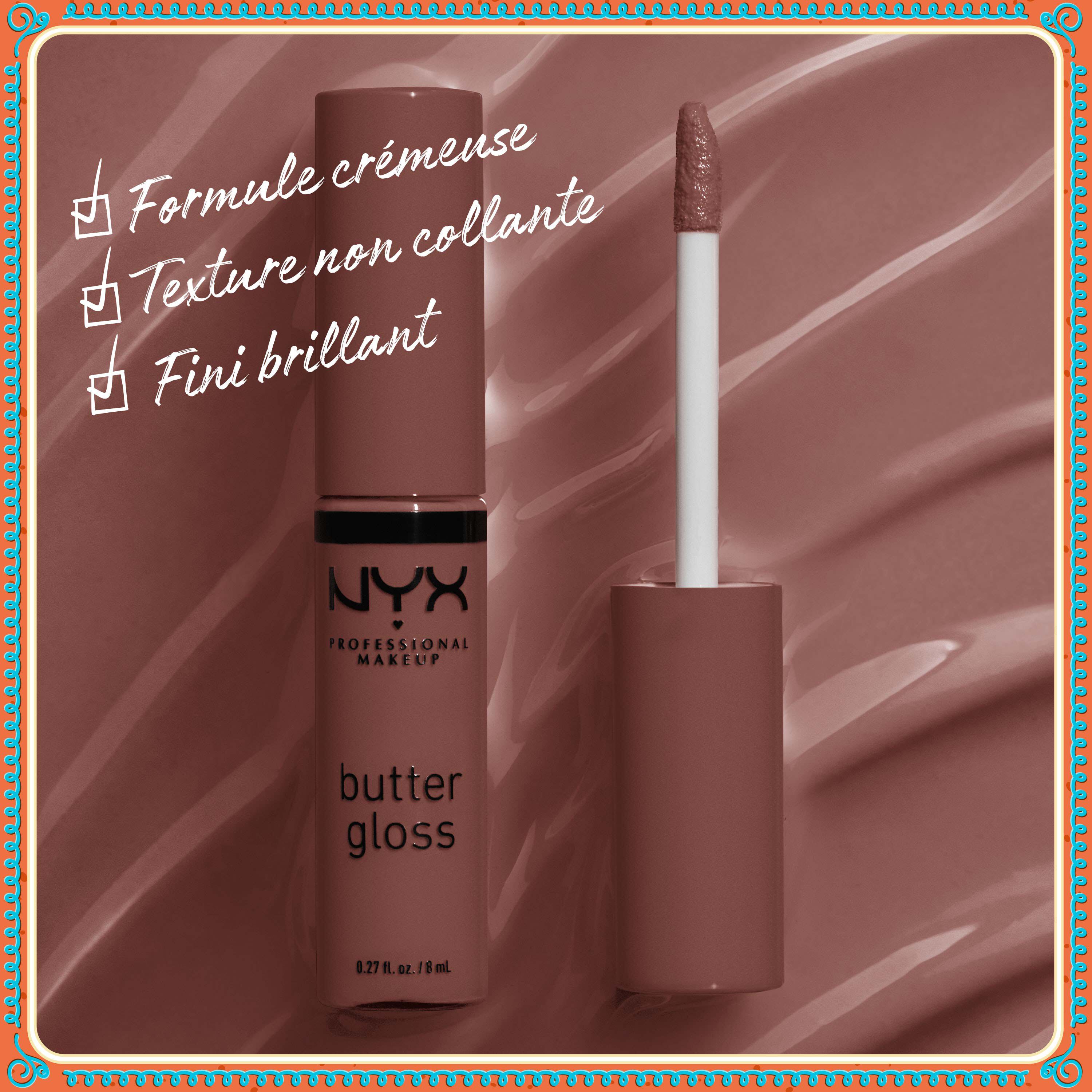 Focuses on a single tube of NYX Professional Makeup Holiday Butter Gloss Vault. Text overlays highlight its features: "Smooth formula," "Non-sticky," and "High shine finish."