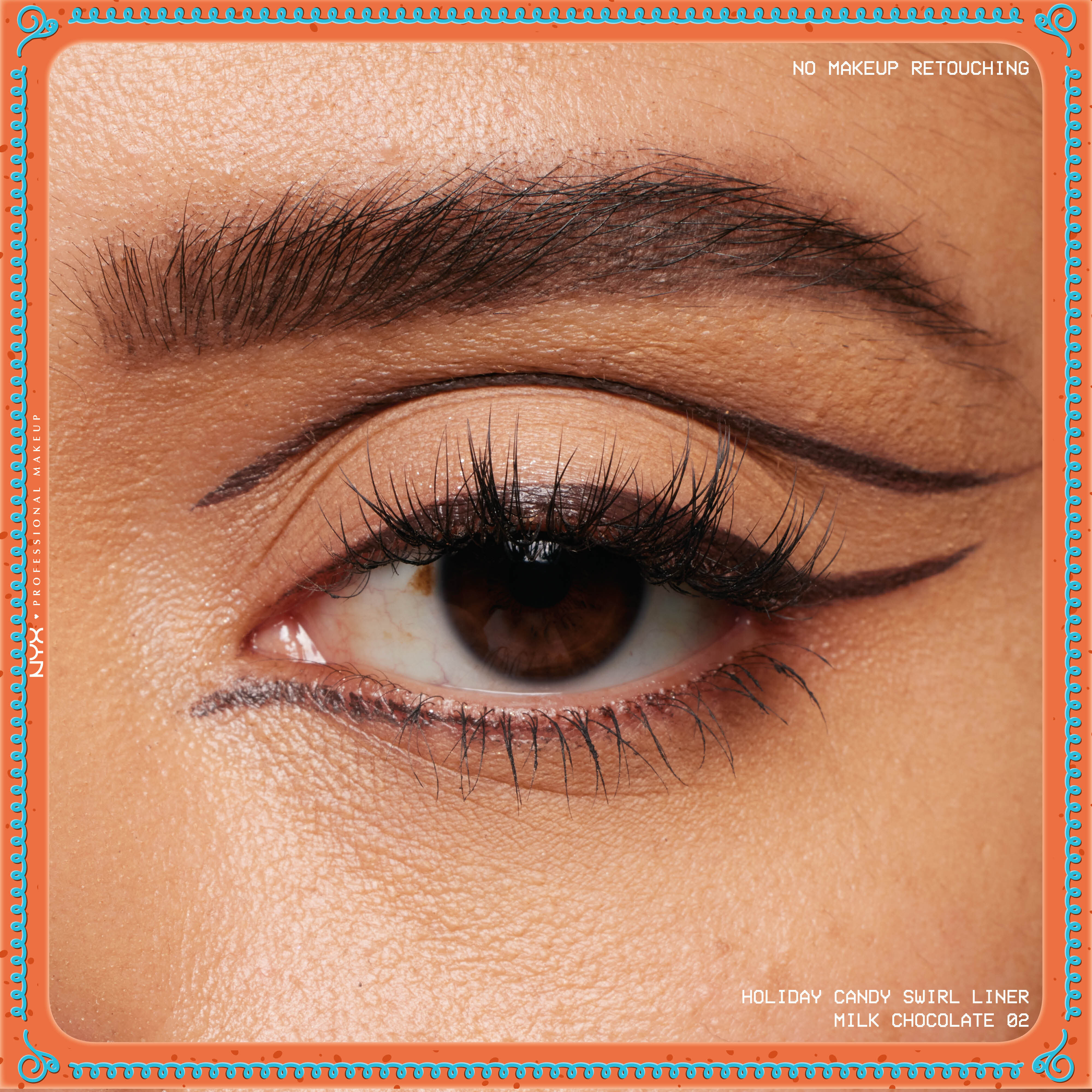 Eye close-up showcasing dramatic winged liner applied with metallic finish of NYX Professional Makeup Holiday Candy Swirl Liner in shade 02 Milk Chocolate