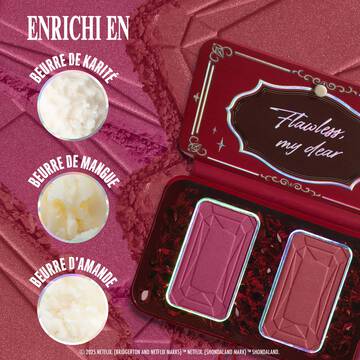 The opened 'NYX Professional Makeup Bridgerton Blush Duo', with three circles indicating key ingredients: Shea Butter, Mango Butter, and Almond Butter, emphasizing a 'Rich Formula' in shade 01 Wallflower