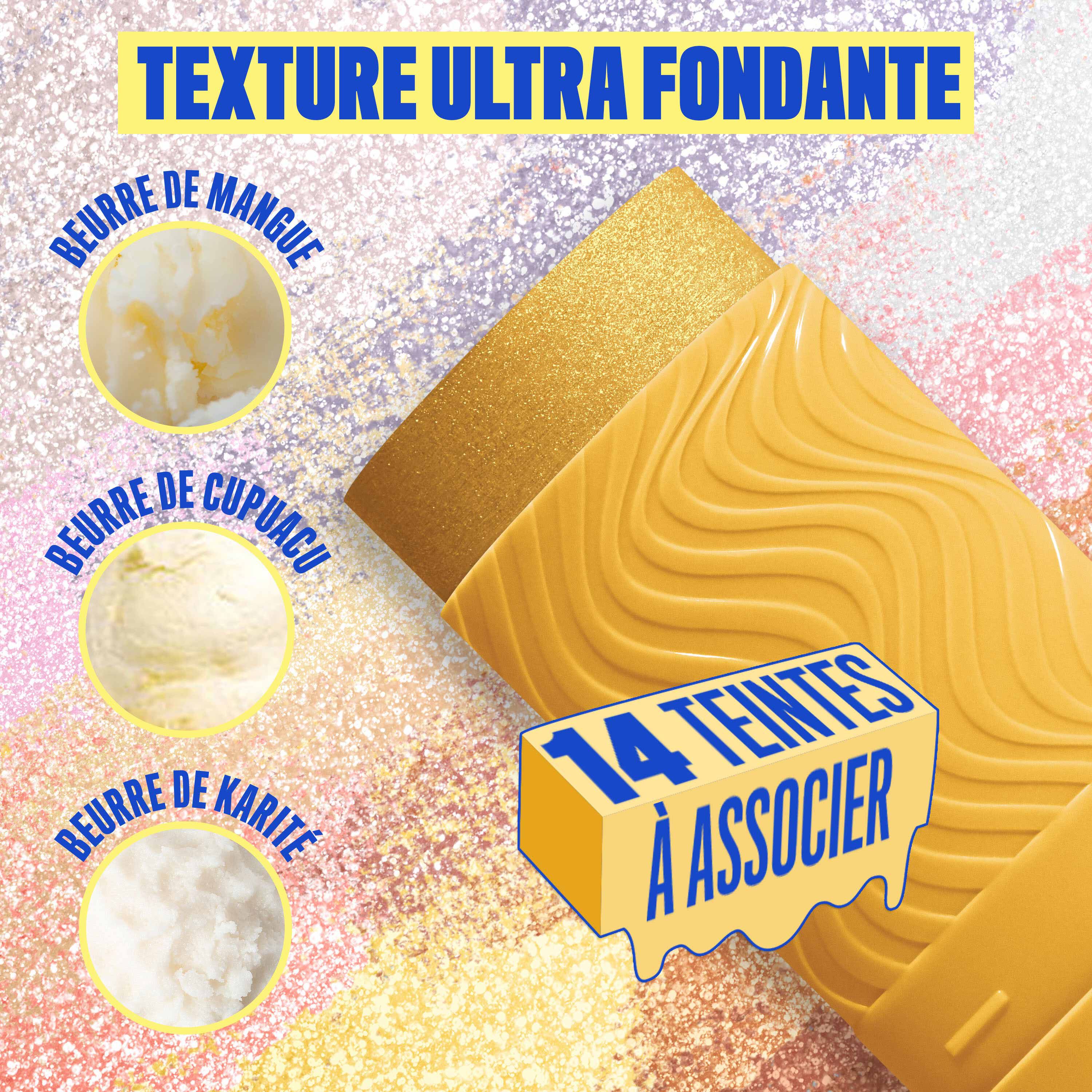 Buttermelt Stix product shown with various swatch textures as the background focusing on the coconut butter and cupuacu butter ingredients in shade 10 Worth Melting For