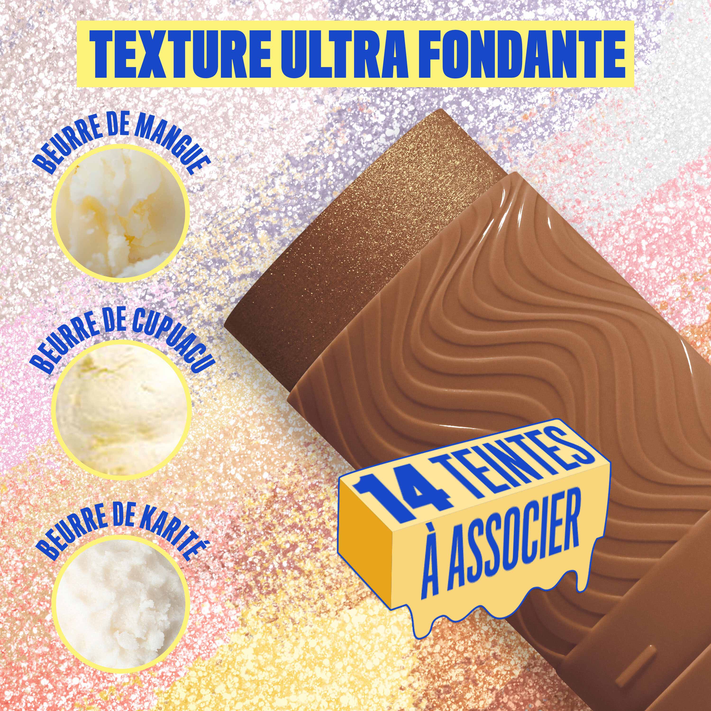 Buttermelt Stix product shown with various swatch textures as the background focusing on the coconut butter and cupuacu butter ingredients in shade 11 Melt You Later