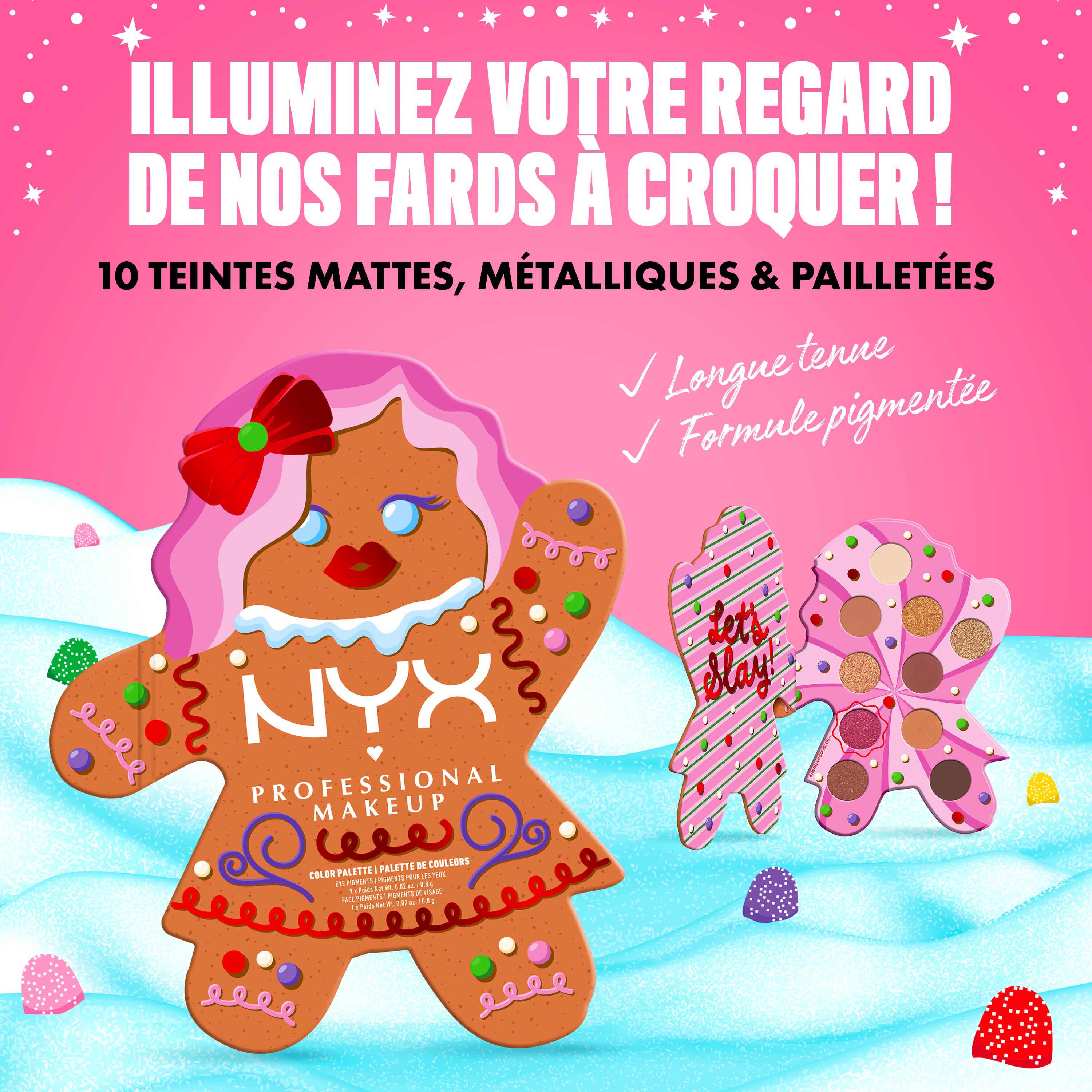 Presents an overhead view of ten individual piles of loose eyeshadow pigment, representing each shade in the NYX Professional Makeup Holiday Gingerbaddie Palette.