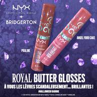 Displays two tubes of NYX Professional Makeup Bridgerton Royal Butter Gloss one in a neutral brown and another in a pinkish-nude shade, set against a purple Bridgerton-themed background. Text states: "CLAIM THOSE ROYAL LIPS!"