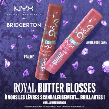 Displays two tubes of NYX Professional Makeup Bridgerton Royal Butter Gloss one in a neutral brown and another in a pinkish-nude shade, set against a purple Bridgerton-themed background. Text states: "CLAIM THOSE ROYAL LIPS!"