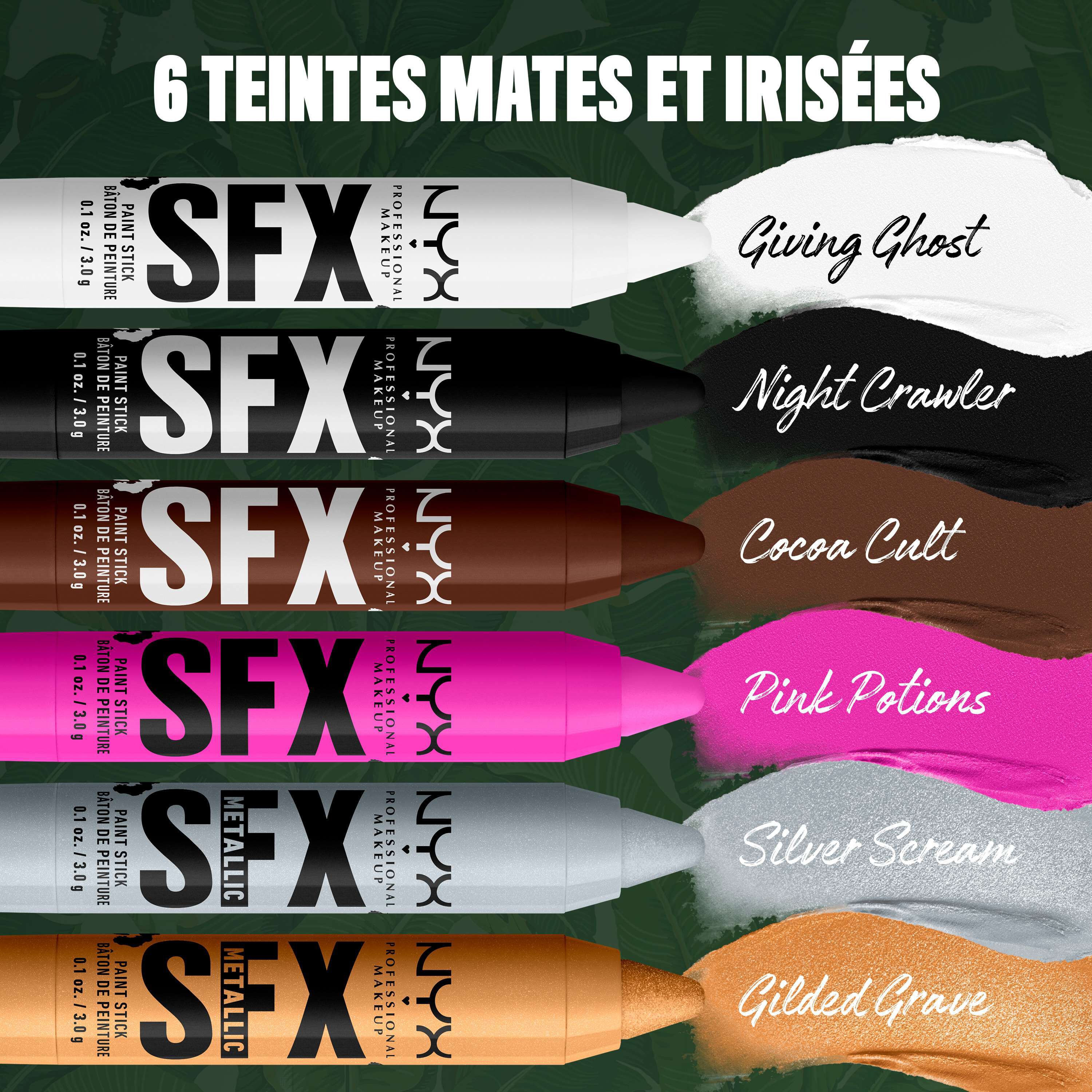 NYX Professional Makeup Party Animals SFX Face & Body Paint Sticks in six shades: white, black, brown, pink, metallic silver and metallic gold.