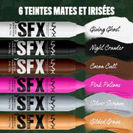 NYX Professional Makeup Party Animals SFX Face & Body Paint Sticks in six shades: white, black, brown, pink, metallic silver and metallic gold.