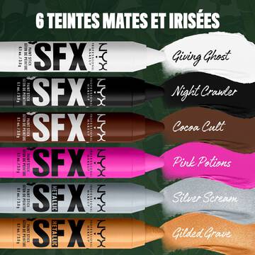 NYX Professional Makeup Party Animals SFX Face & Body Paint Sticks in six shades: white, black, brown, pink, metallic silver and metallic gold.