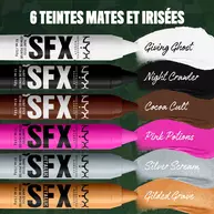 NYX Professional Makeup Party Animals SFX Face & Body Paint Sticks in six shades: white, black, brown, pink, metallic silver and metallic gold.