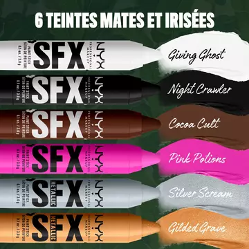 NYX Professional Makeup Party Animals SFX Face & Body Paint Sticks in six shades: white, black, brown, pink, metallic silver and metallic gold.