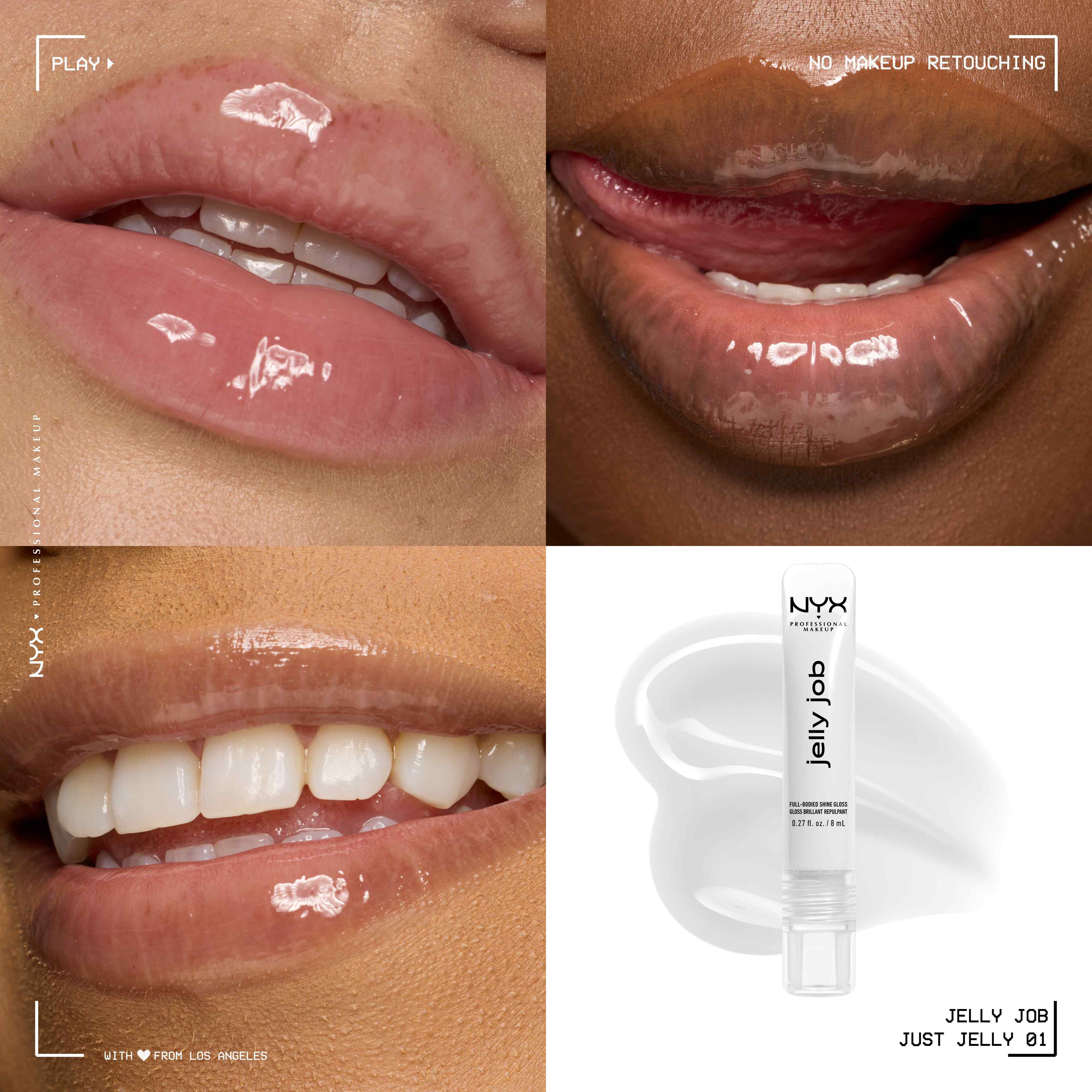 Quadrant showing Jelly Job lip macros on three models of fair, deep, medium skin tones and the product solider with swatch behind the hex code color in shade 01 Just Jelly