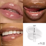 Quadrant showing Jelly Job lip macros on three models of fair, deep, medium skin tones and the product solider with swatch behind the hex code color in shade 01 Just Jelly