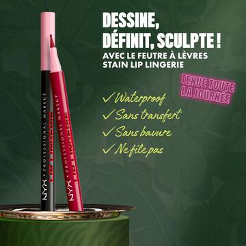 NYX Professional Makeup Lip Lingerie Lip Liner Stain in shade 13 Tied Up, shown with text describing waterproof, transfer-proof, smudge-proof, no-bleed, all-day wear benefits.