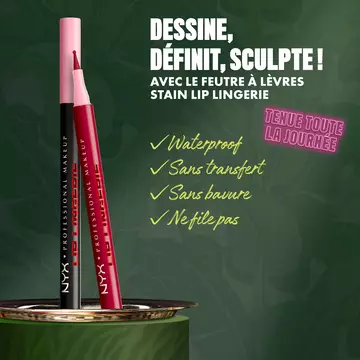 NYX Professional Makeup Lip Lingerie Lip Liner Stain in shade 13 Tied Up, shown with text describing waterproof, transfer-proof, smudge-proof, no-bleed, all-day wear benefits.