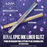 Two NYX PMU x Bridgerton Royal Epic Ink Liner Glitz pens (silver & gold) on a purple, jewel-toned background. Text: "Run the room with sharp lines and bold sparkle."