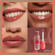 Grid of lips wearing three shades of gloss and stain, showcasing glossy finish on diverse skin tones with NYX Professional Makeup Gum Drop Lip I.V. product on top of textured swatch and colored hex code in shade 01 Hydra Honey