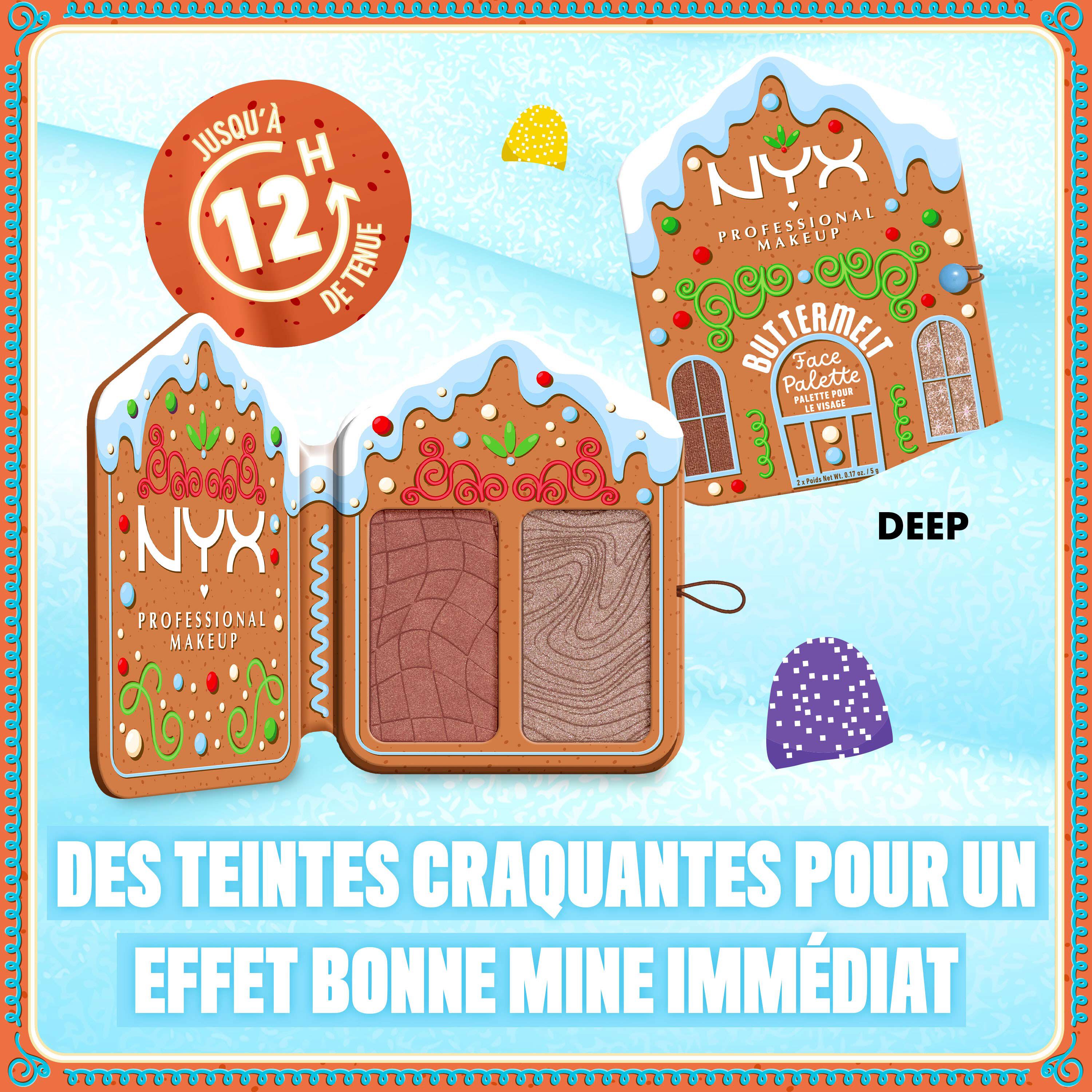 Features three "Buttermelt Face Palettes" in different lighting conditions, highlighting the benefit "CHEEKS GLOWIN' & FLUSHED LIKE A HOLIDAY SNACK!" along with an "UP TO 12 HR WEAR" icon. 02 Deep