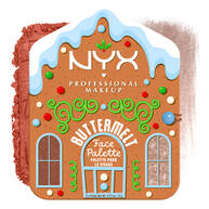 Shows a single "Buttermelt Face Palette" (a gingerbread house-shaped compact) next to a small swatch of its contents in shade 02 Deep