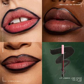 NYX Professional Makeup Lip Lingerie Lip Liner Stain in shade 13 Tied Up, with close-up images of lip looks and a product swatch.