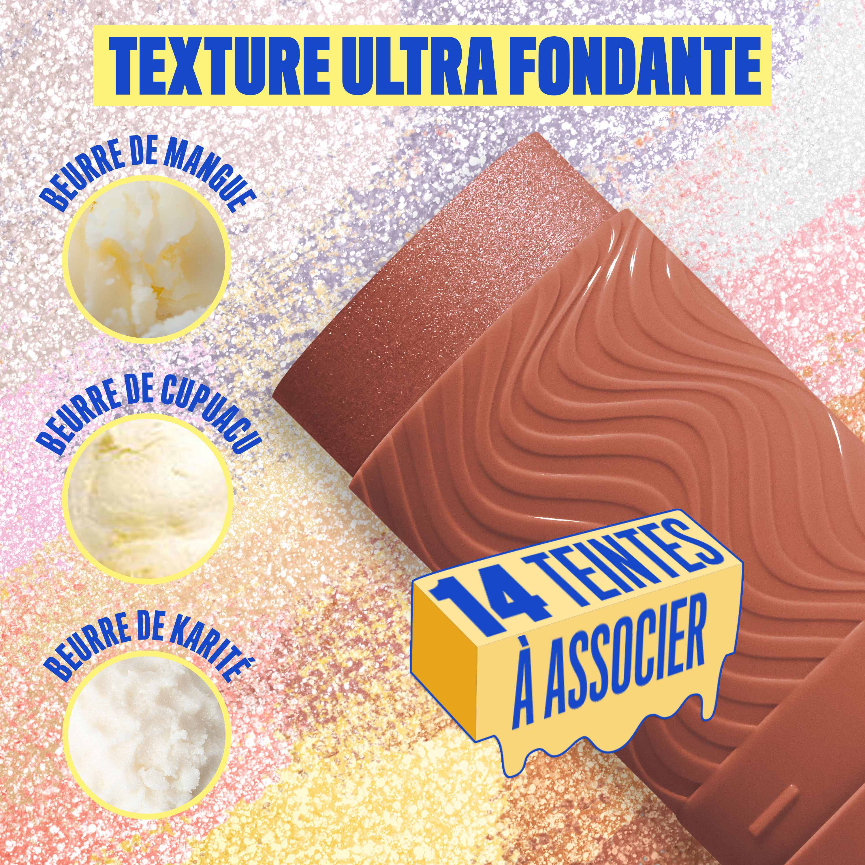 Buttermelt Stix product shown with various swatch textures as the background focusing on the coconut butter and cupuacu butter ingredients in shade 07 That's On Melt