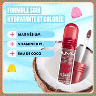 Coconut, vitamin icons, and water splash with text with NYX Professional Makeup Gum Drop Lip I.V. product: “With Instant Vitamins – Magnesium, Vitamin B12, Coconut Water.” in shade 01 Hydra Honey