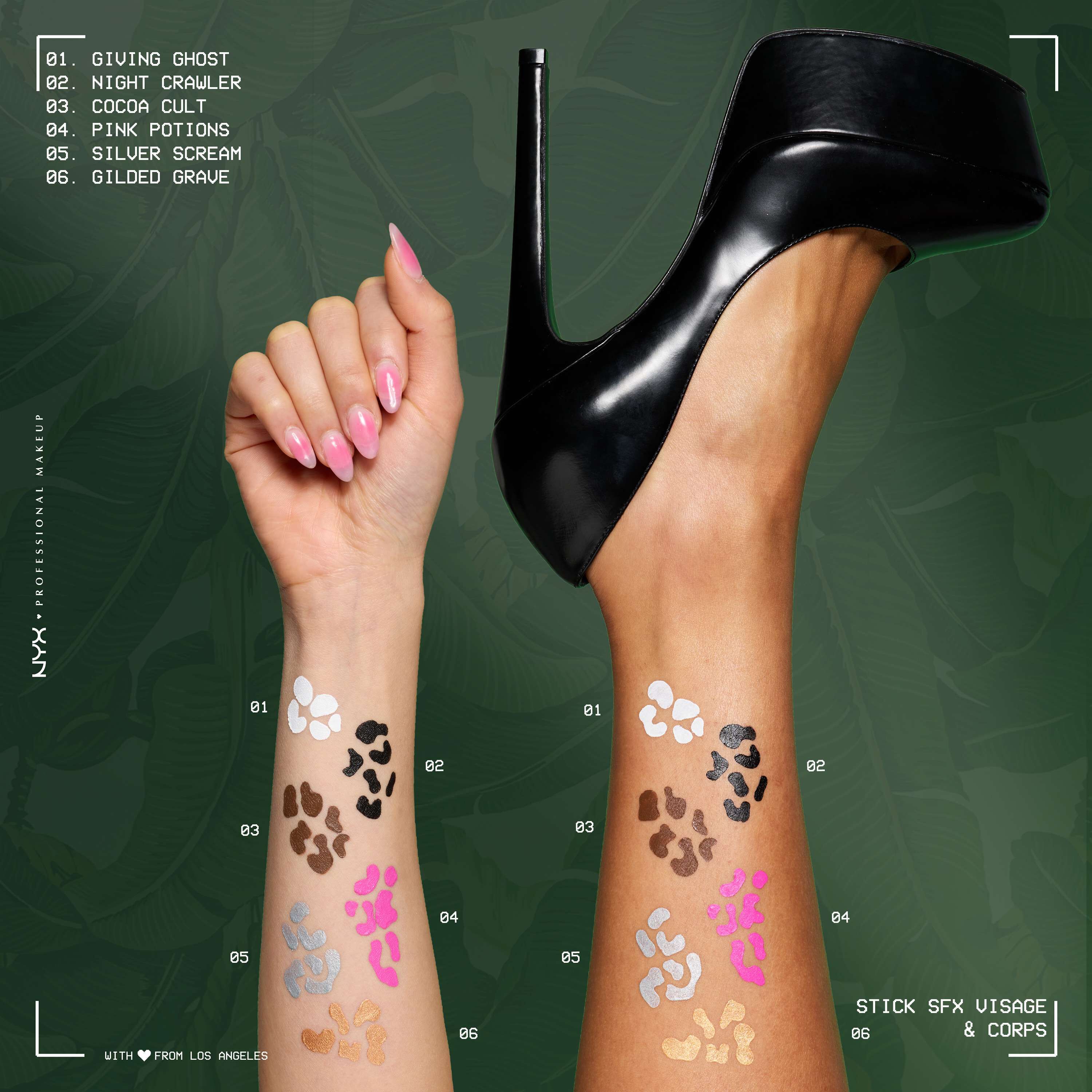 NYX Professional Makeup Party Animals SFX Face & Body Paint Sticks used to create white, brown and pink decorative designs on a model’s arms.