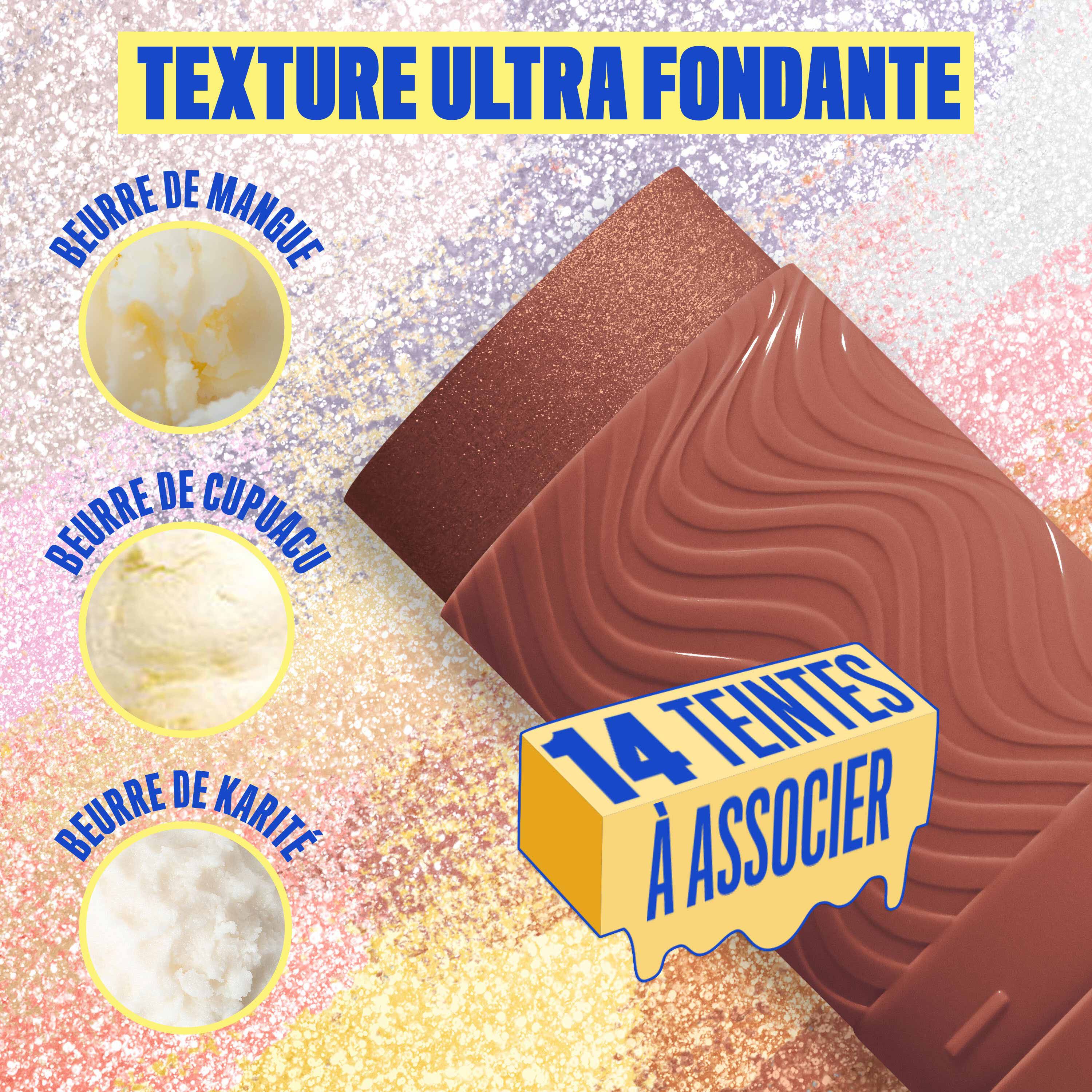 Buttermelt Stix product shown with various swatch textures as the background focusing on the coconut butter and cupuacu butter ingredients in shade 13 Left On Melt