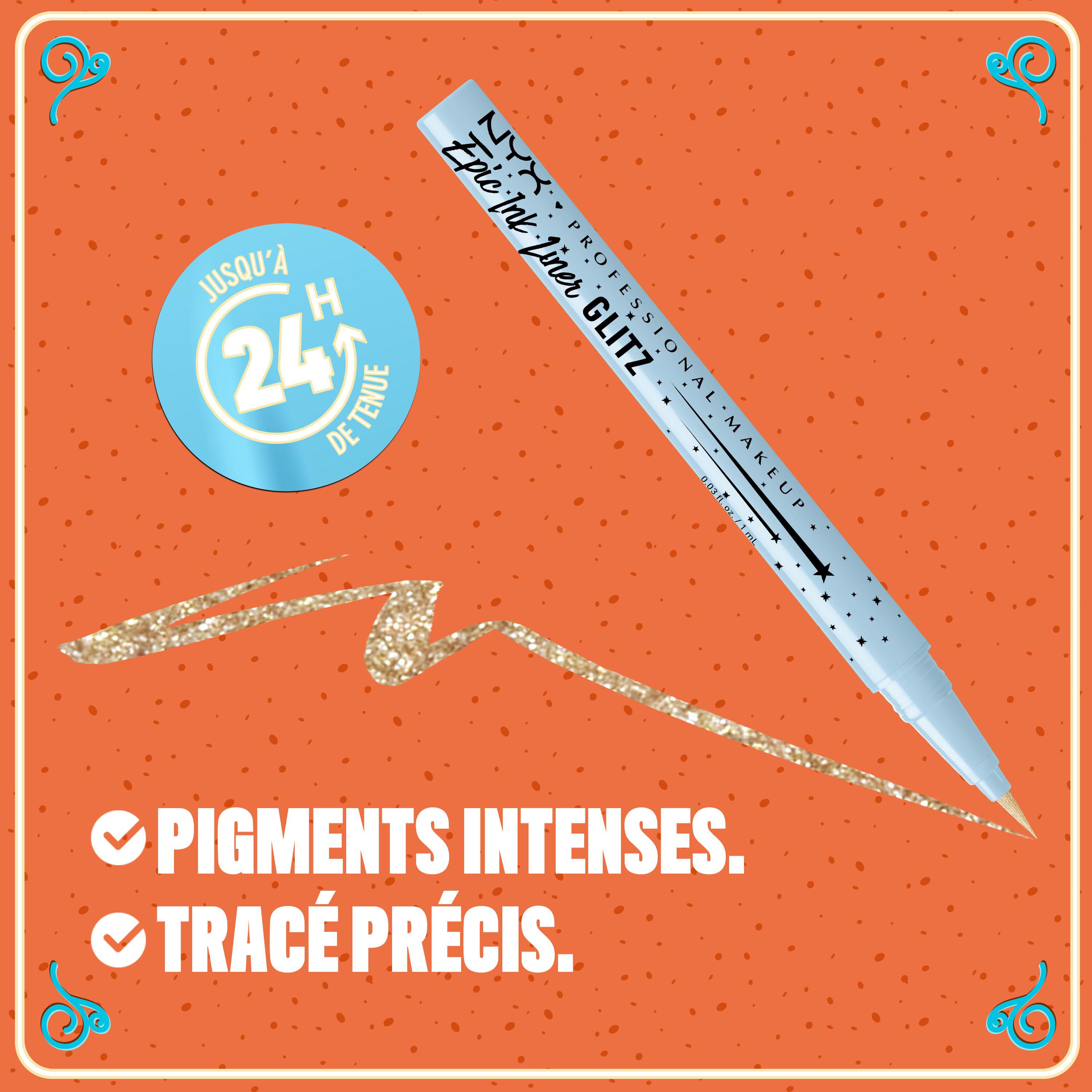 Graphic with tagline: “Bold pigments. Sweet precision.” featuring NYX Professional Makeup Holiday Candy Swirl Liner on orange background in shade 01 Spice Spice Baby