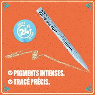 Graphic with tagline: “Bold pigments. Sweet precision.” featuring NYX Professional Makeup Holiday Candy Swirl Liner on orange background in shade 01 Spice Spice Baby