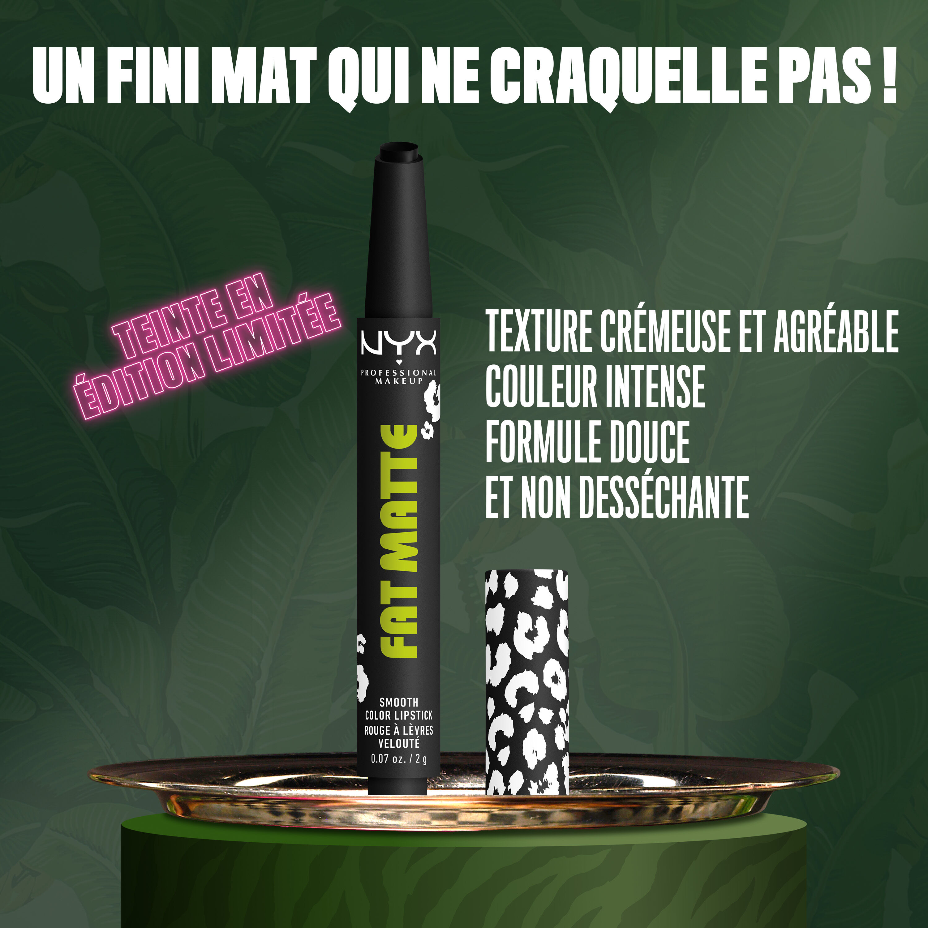 NYX Professional Makeup Party Animals Fat Matte Smooth Color Lipstick in Fatal Pout displayed upright, highlighting a soft, non-drying formula and smooth matte finish.