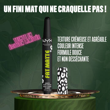 NYX Professional Makeup Party Animals Fat Matte Smooth Color Lipstick in Fatal Pout displayed upright, highlighting a soft, non-drying formula and smooth matte finish.