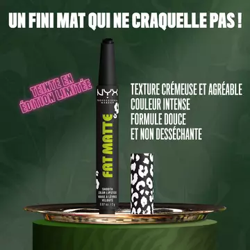 NYX Professional Makeup Party Animals Fat Matte Smooth Color Lipstick in Fatal Pout displayed upright, highlighting a soft, non-drying formula and smooth matte finish.