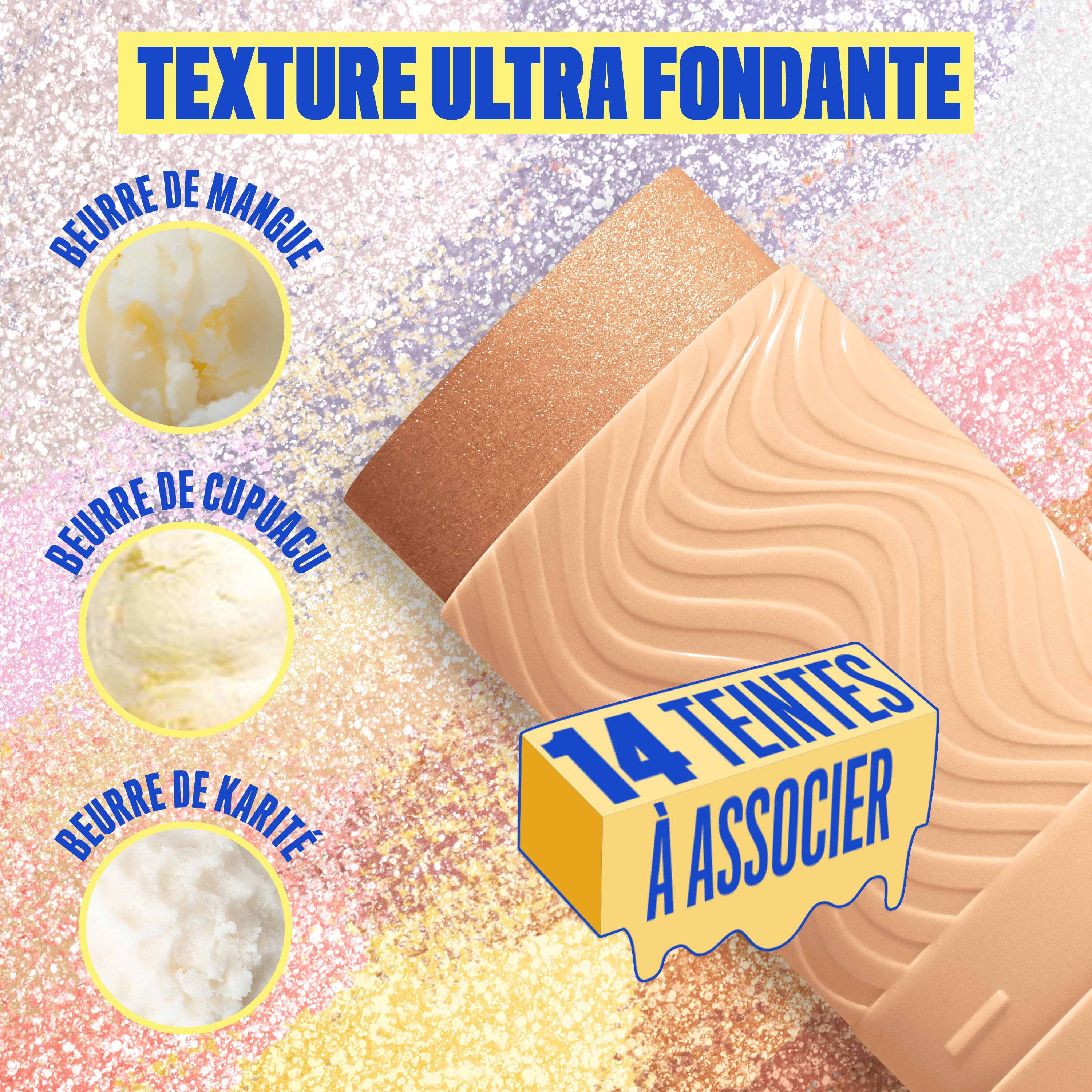 Buttermelt Stix product shown with various swatch textures as the background focusing on the coconut butter and cupuacu butter ingredients in shade 08 Let Me Melt