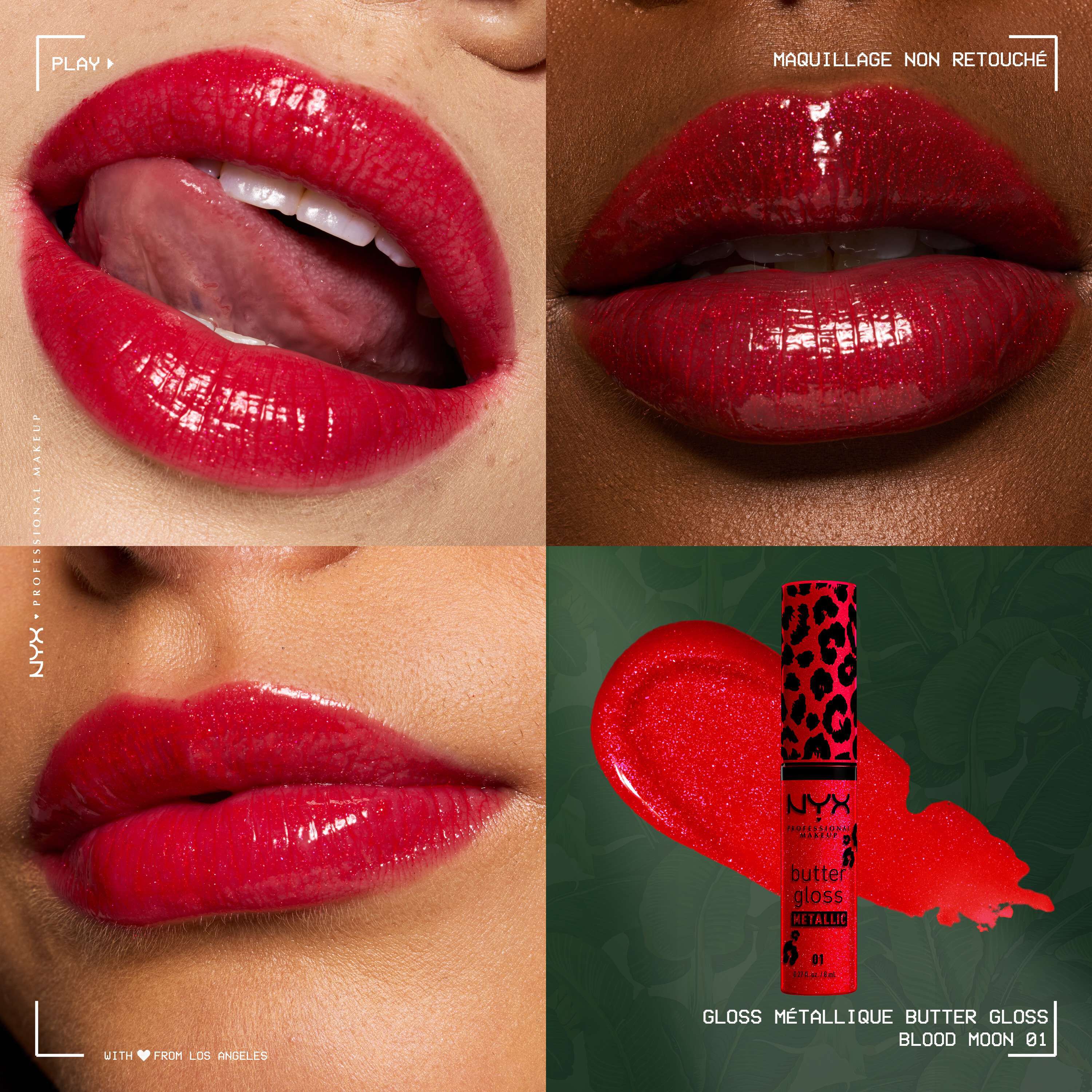 NYX Professional Makeup Party Animals Butter Gloss Bling Metallic in shade 01 Blood Moon, close-up lip looks and red glitter gloss packshot with swatch.