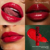 NYX Professional Makeup Party Animals Butter Gloss Bling Metallic in shade 01 Blood Moon, close-up lip looks and red glitter gloss packshot with swatch.