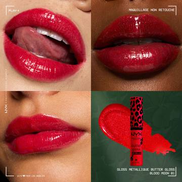 NYX Professional Makeup Party Animals Butter Gloss Bling Metallic in shade 01 Blood Moon, close-up lip looks and red glitter gloss packshot with swatch.