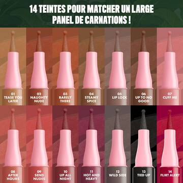 NYX Professional Makeup Lip Lingerie Lip Liner Stain shade range, showing 14 shades including 13 Tied Up.