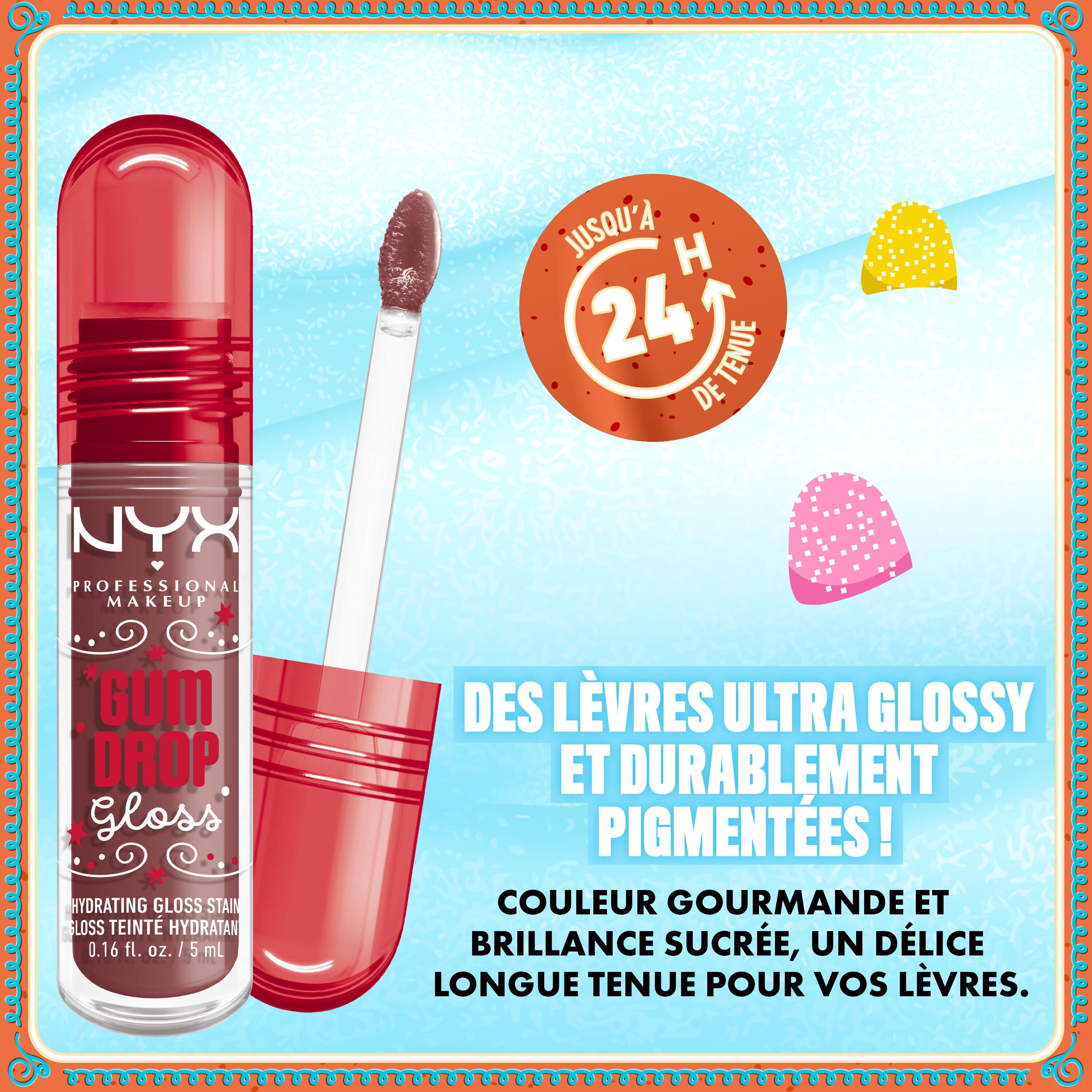 Close-up of NYX Professional Makeup Gum Drop Lip I.V. with claim: “Get lips stained in sugary shine – 24HR wear.” Surrounded by candy accents in shade 01 Hydra Honey