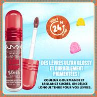 Close-up of NYX Professional Makeup Gum Drop Lip I.V. with claim: “Get lips stained in sugary shine – 24HR wear.” Surrounded by candy accents in shade 01 Hydra Honey